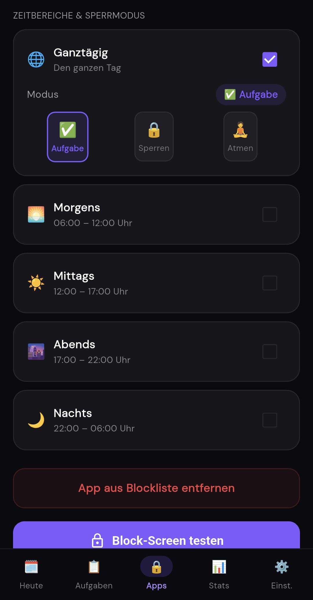 Zeitbereiche & Sperrmodus Screenshot